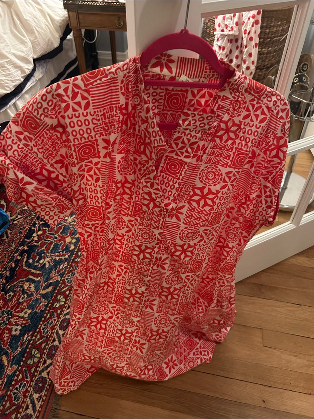 Julia Amory Red & Cream Printed Mini Dress with V-Neck